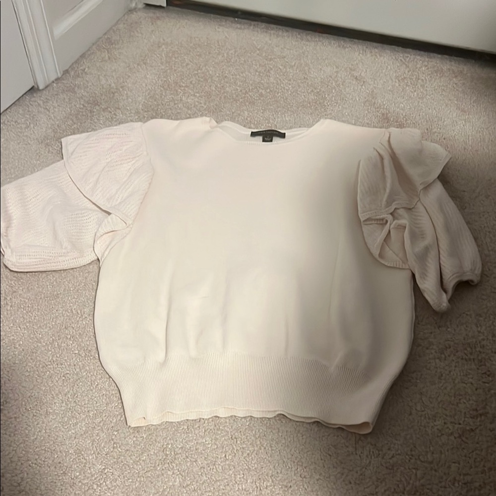 Ann Taylor Cream Crew Neck Sweater with Ruffled Sleeve Detail
